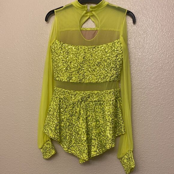WEISSMAN Dance Costume Poet neon yellow sequin All I Am 11714 LC-large child - Picture 7 of 11